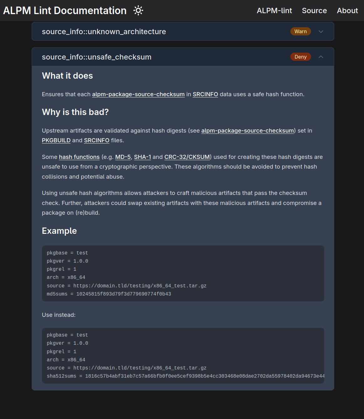 A screenshot of the ALPM lint website, showing one collapsed and one expanded lint rule.