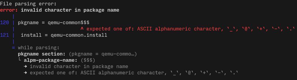 A parser error message with 