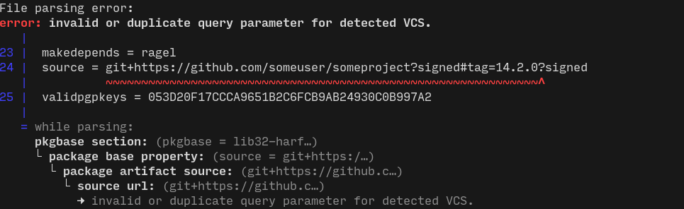 Another parser error message, which features an error span beneath the sequence of characters that caused the error in question.